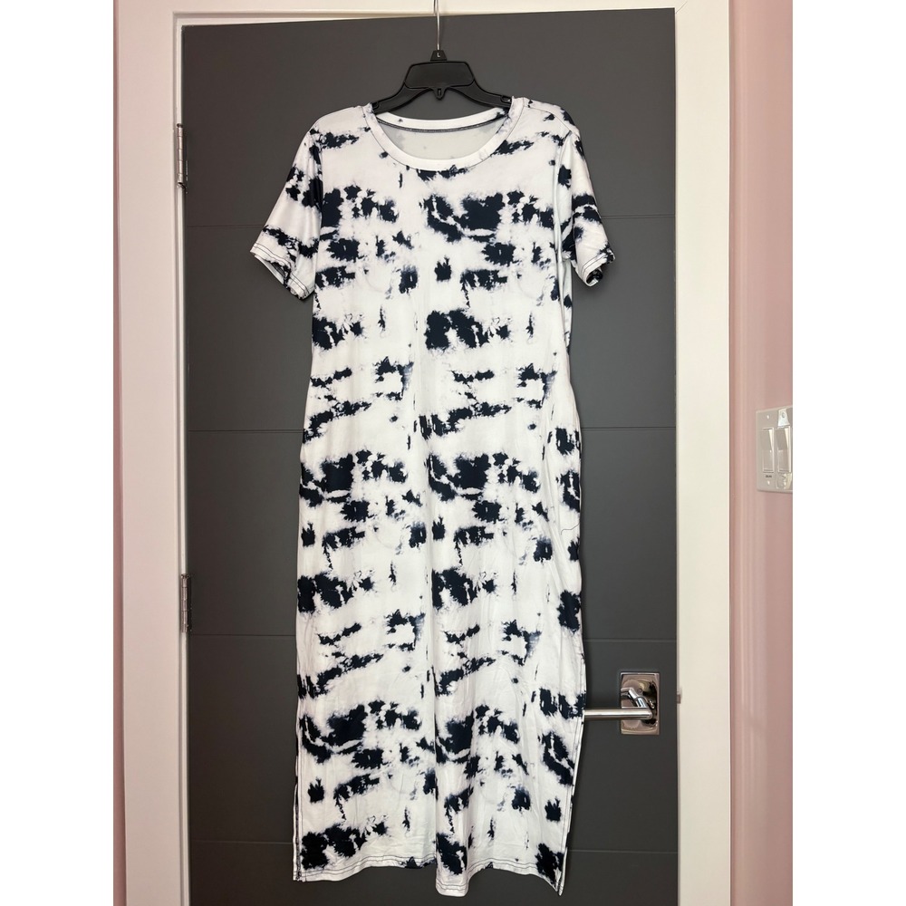 Unbranded Navy White Tie Dye Short Sleeve Maxi T-Shirt Dress with Pockets Size M